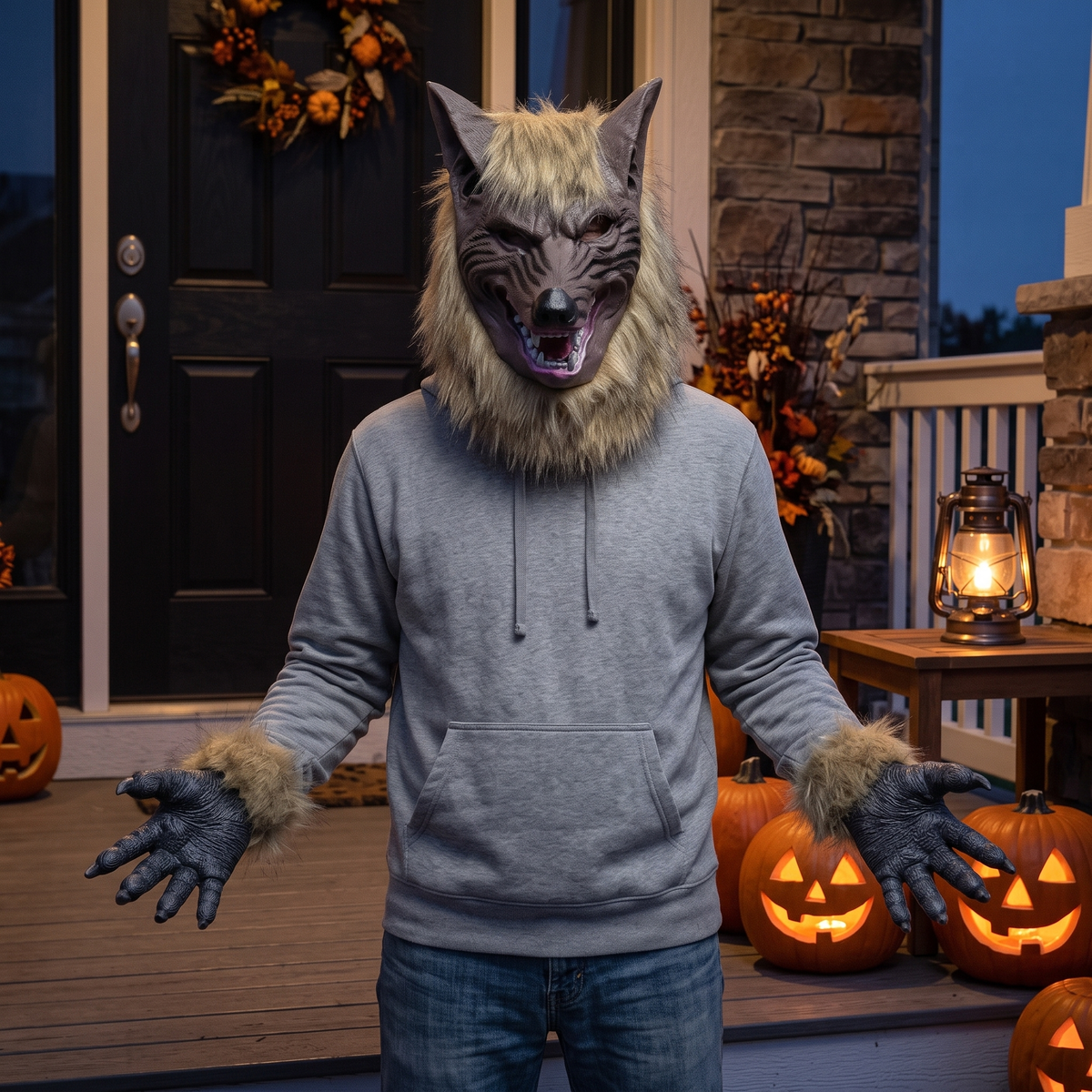 Rubber Wolf Head Mask and Hands worn with everyday clothes