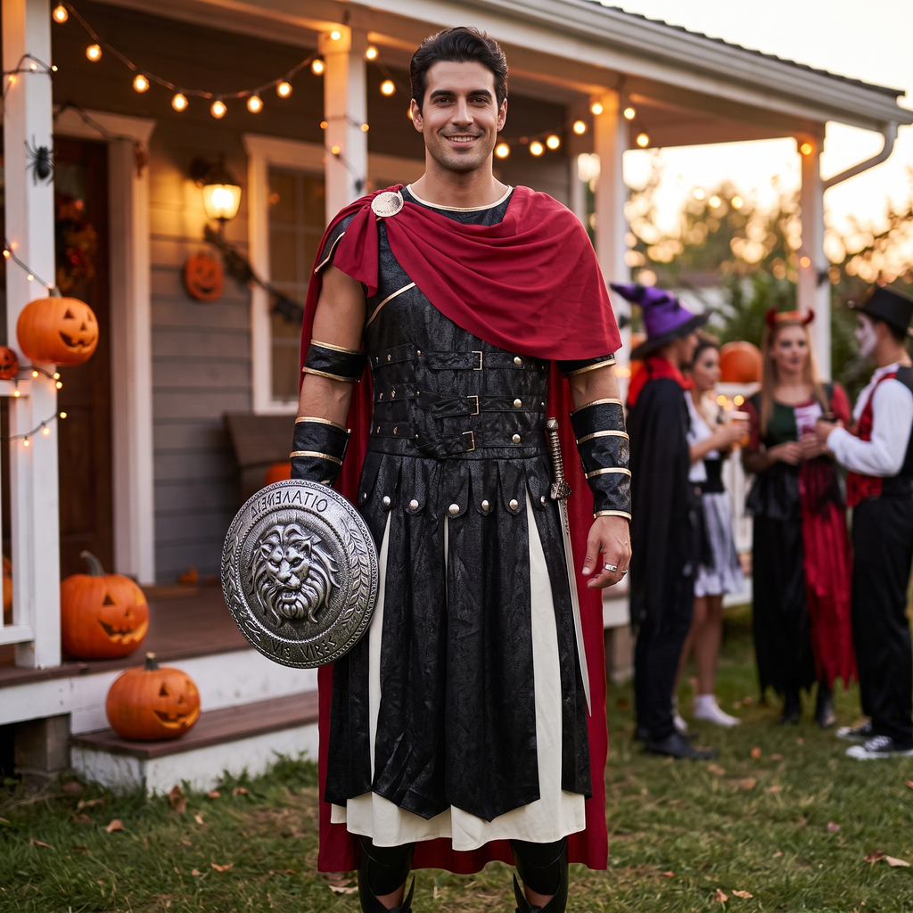 Spartan Warrior Costume worn at a Halloween party with shield