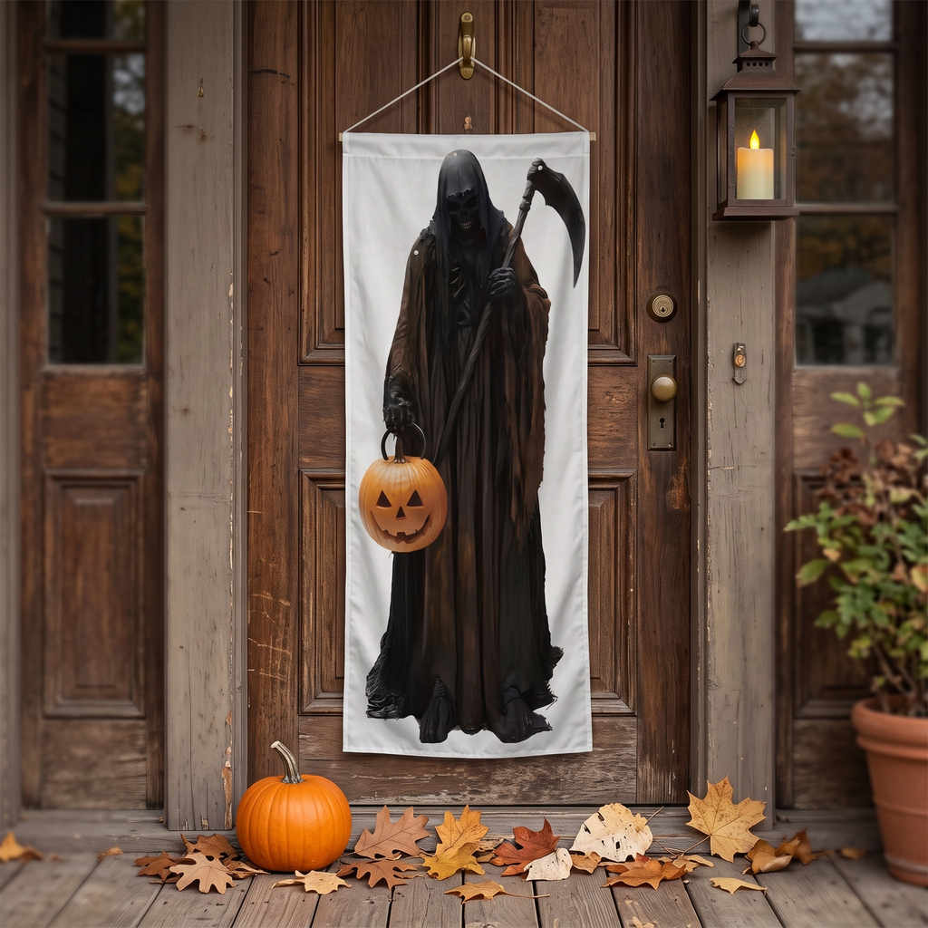 Pumpkin Man Backdrop flat printed hanging cloth on a front door