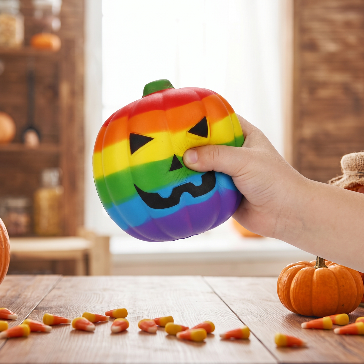 Rainbow Pumpkin Squishy Toy squeezed in hand