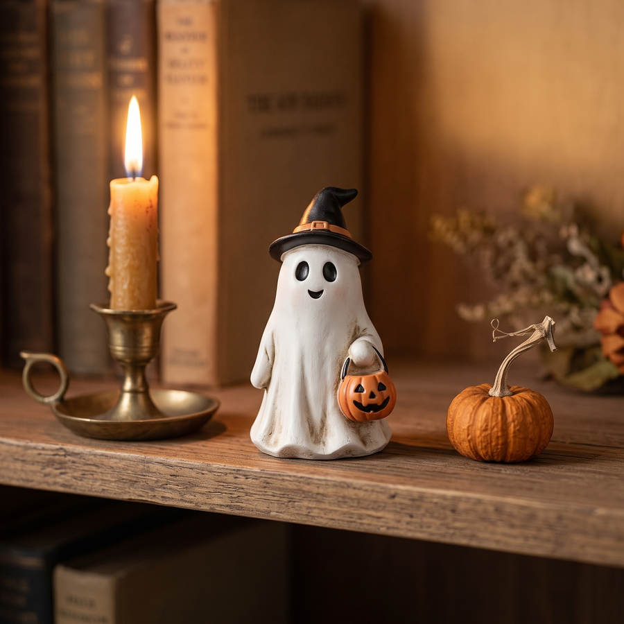 Mini Halloween Figurine hooded ghost pumpkin on a shelf
