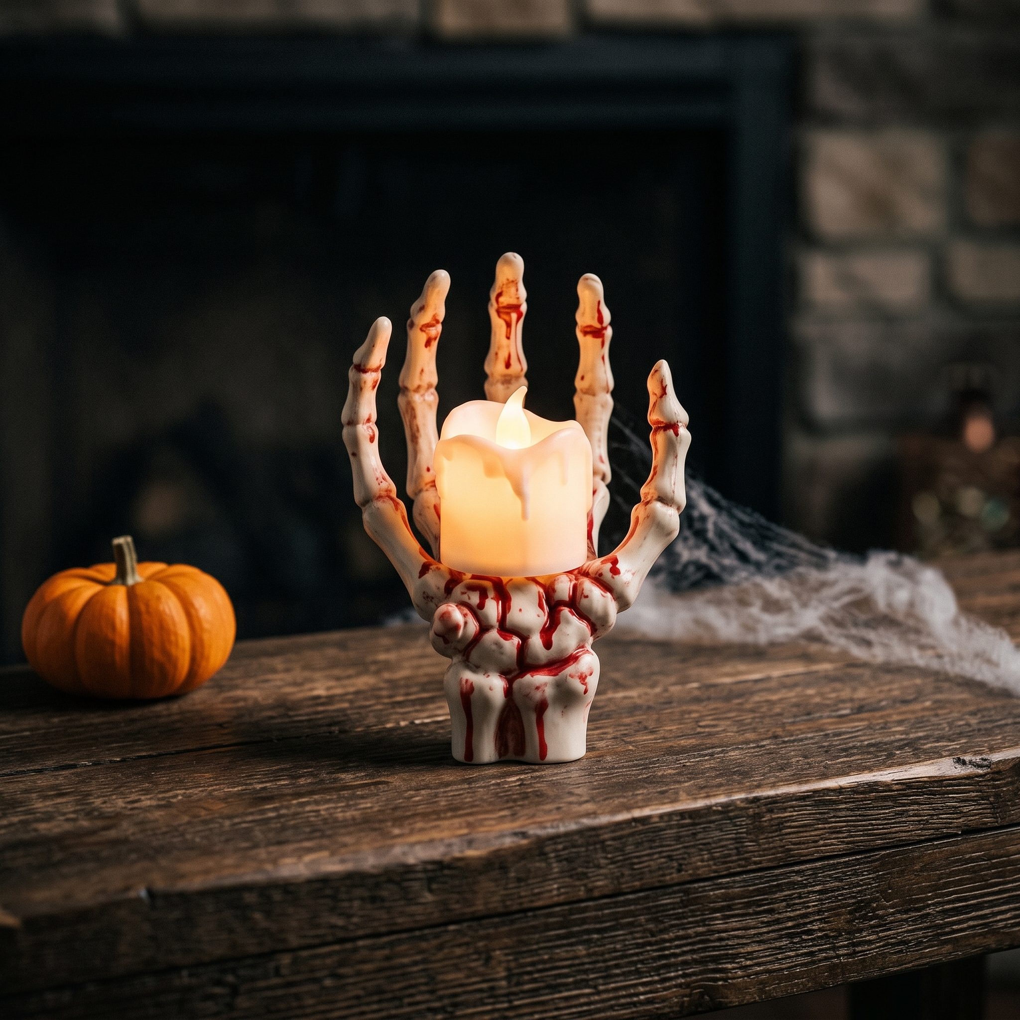 Skeleton Hand Candle prop on a mantel