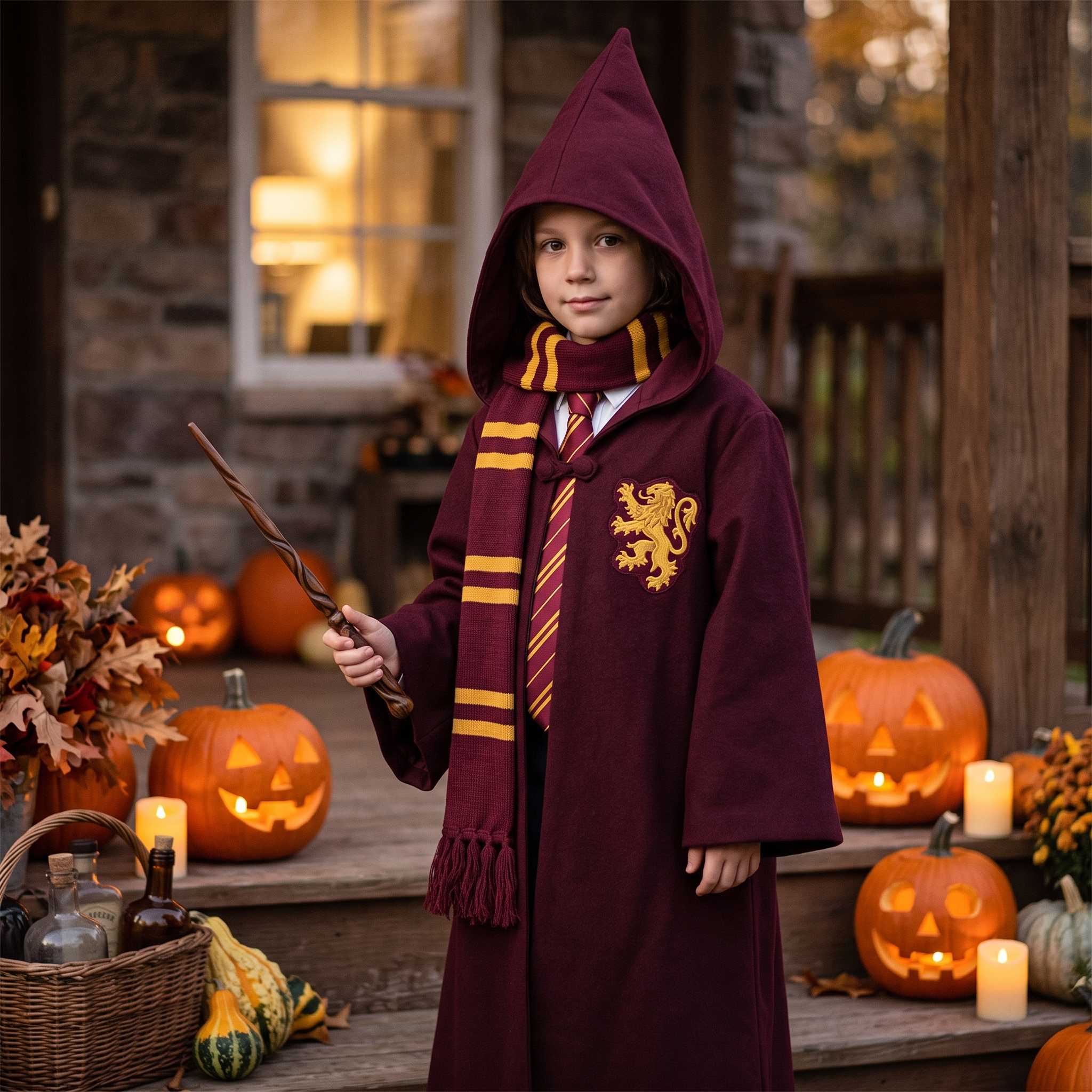 Wizard House Robe Set with tie, scarf and wand