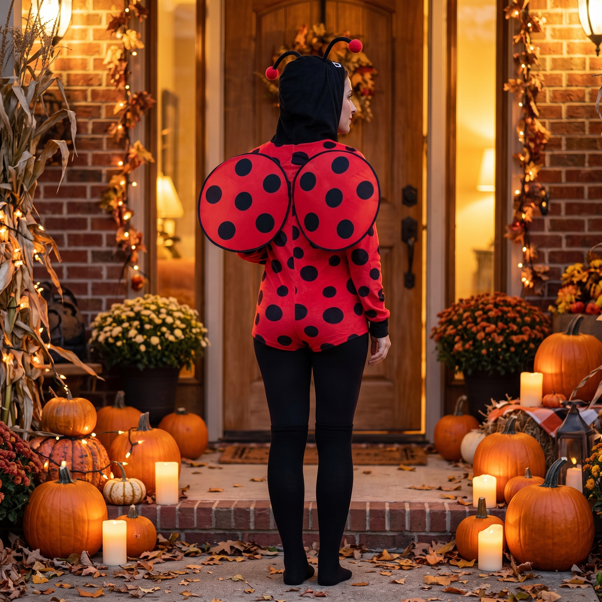Red Ladybug Costume worn on a Halloween porch