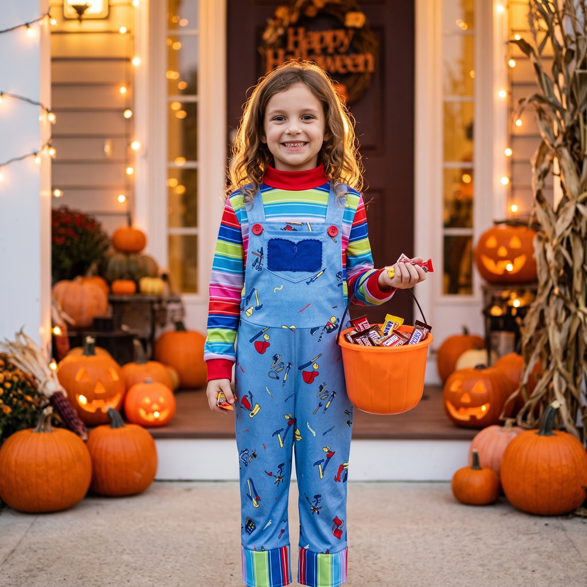 Kids Killer Doll Costume striped shirt and overalls on a Halloween porch