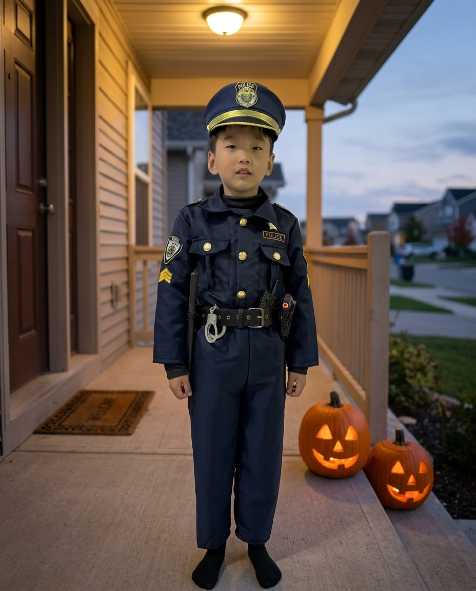 Child wearing a kids police officer costume set on a porch with carved pumpkins