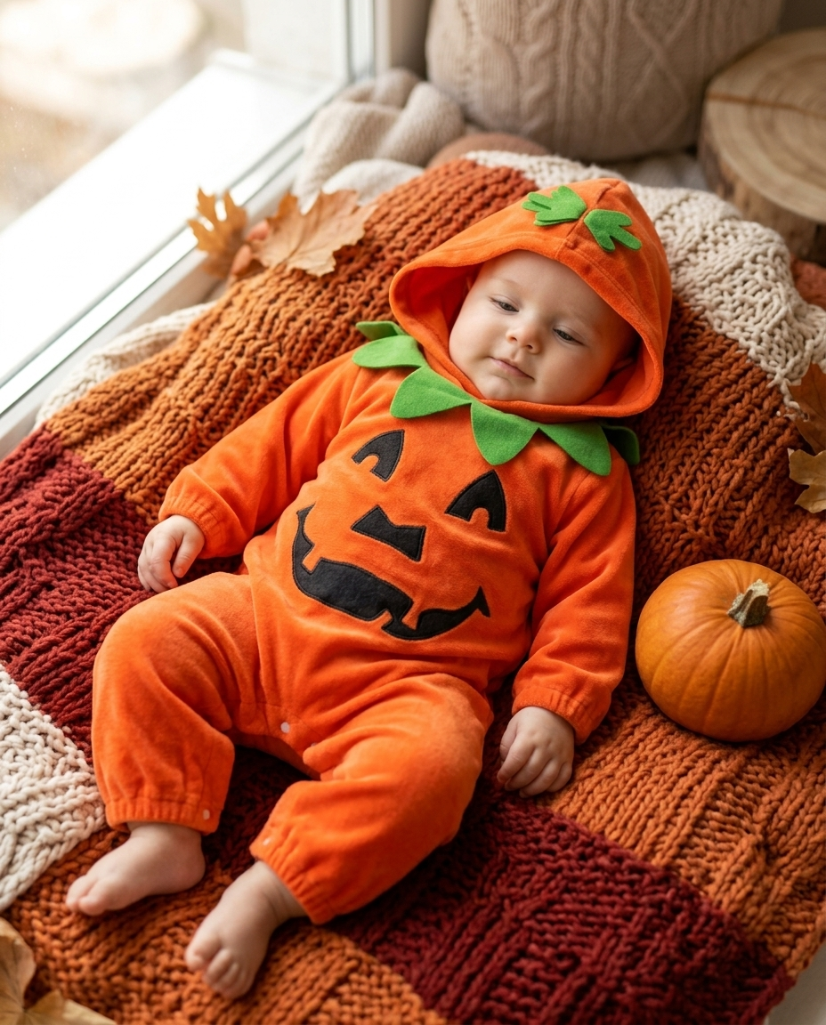 Baby wearing an orange hooded pumpkin fleece onesie on an autumn blanket