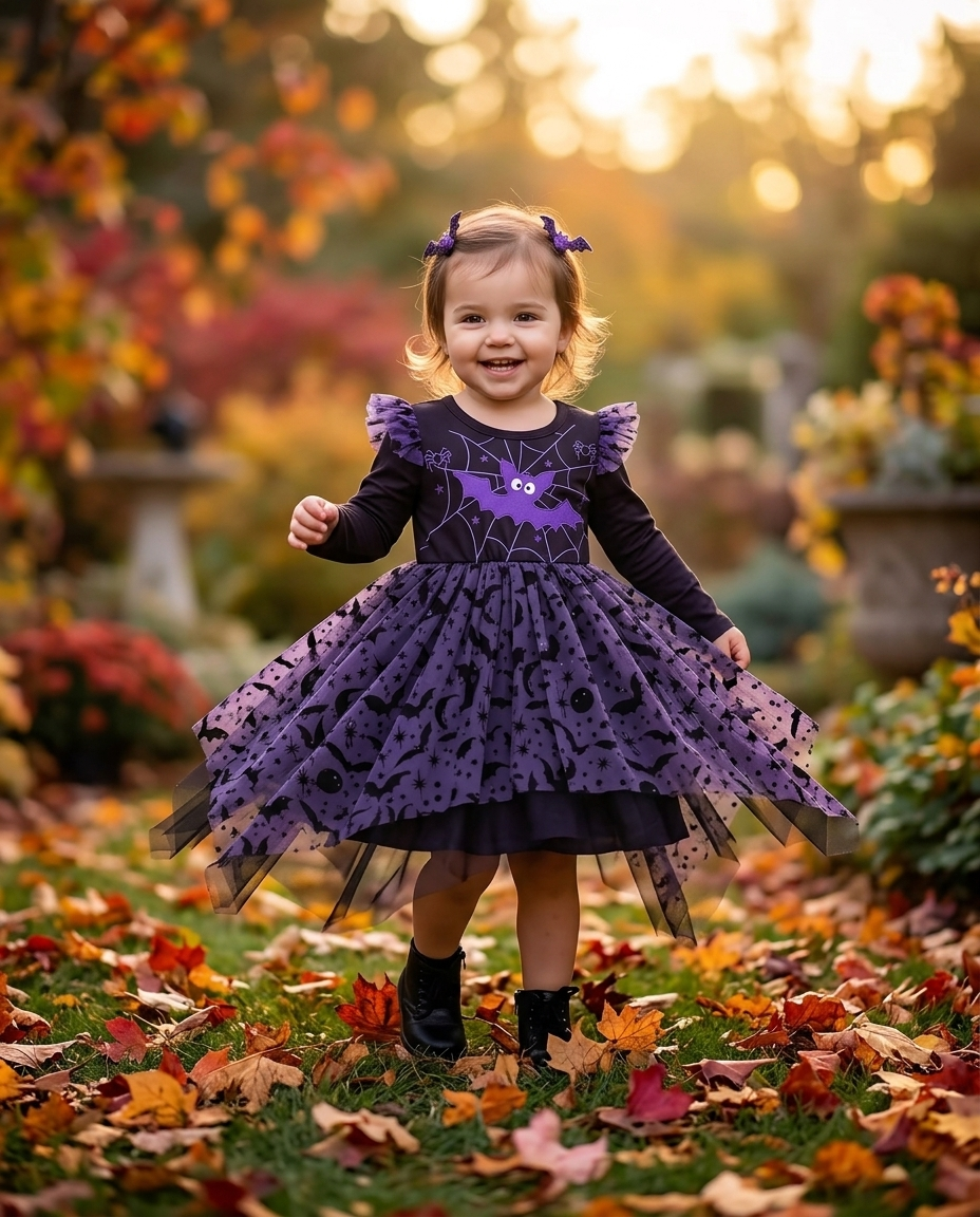 Toddler girl wearing a blackish purple bat wing tutu dress among autumn leaves