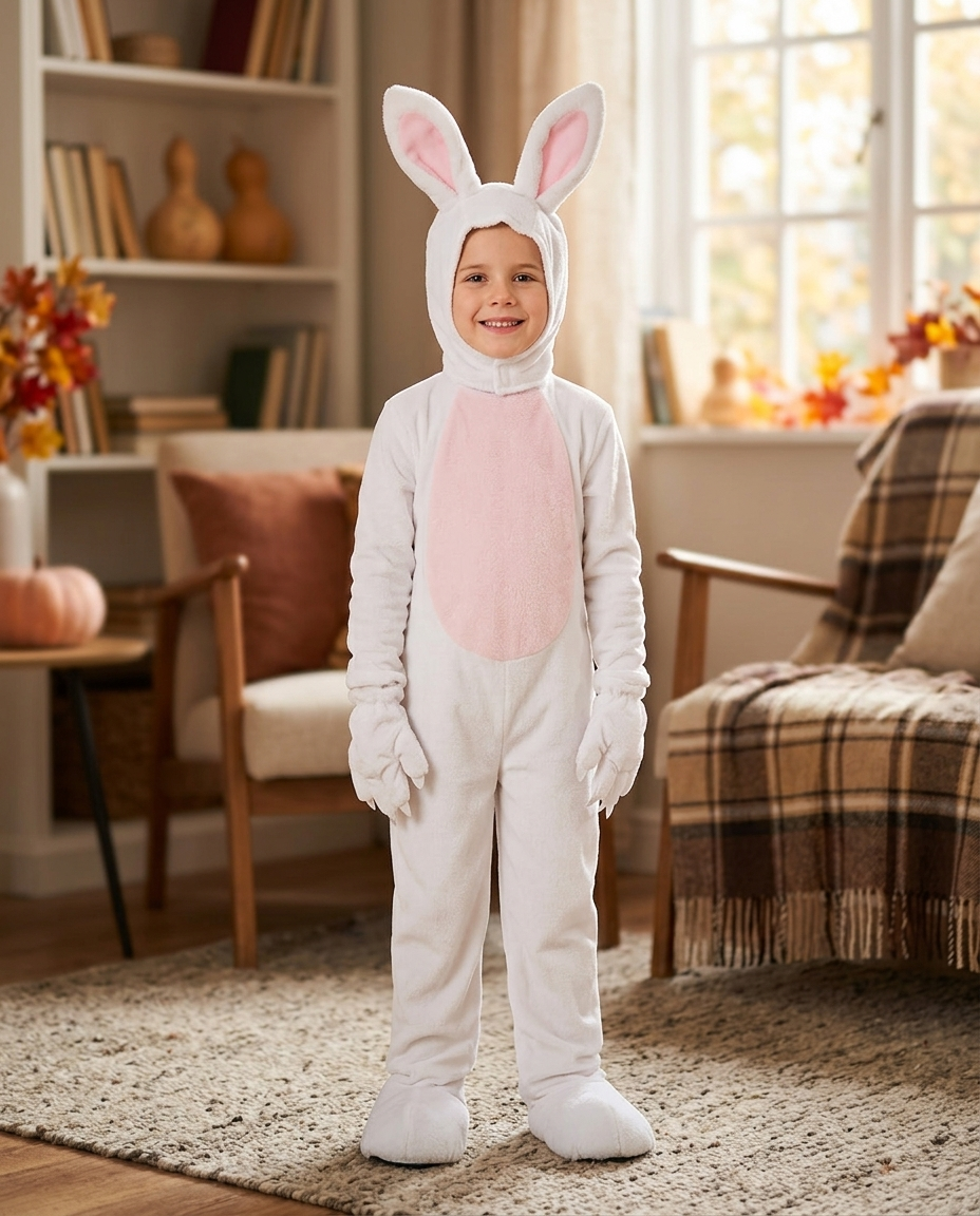 Child wearing a white plush rabbit jumpsuit costume in a living room