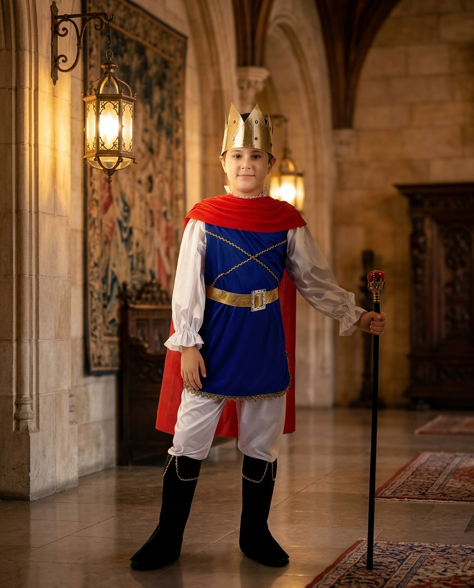 Boy wearing a blue and red royal prince costume in a grand hall
