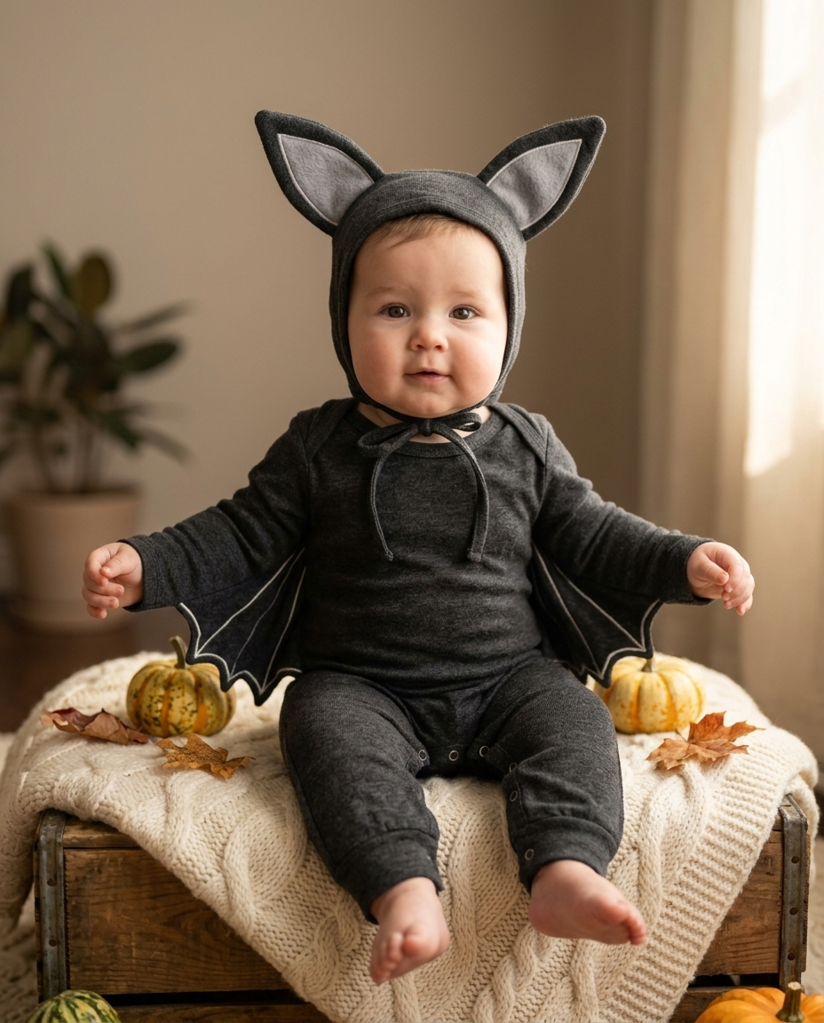 Baby wearing a black bat hooded cotton romper on a cream blanket with pumpkins