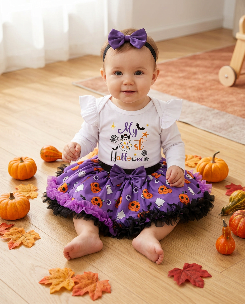 Baby wearing a three piece ghost and pumpkin print cotton Halloween set