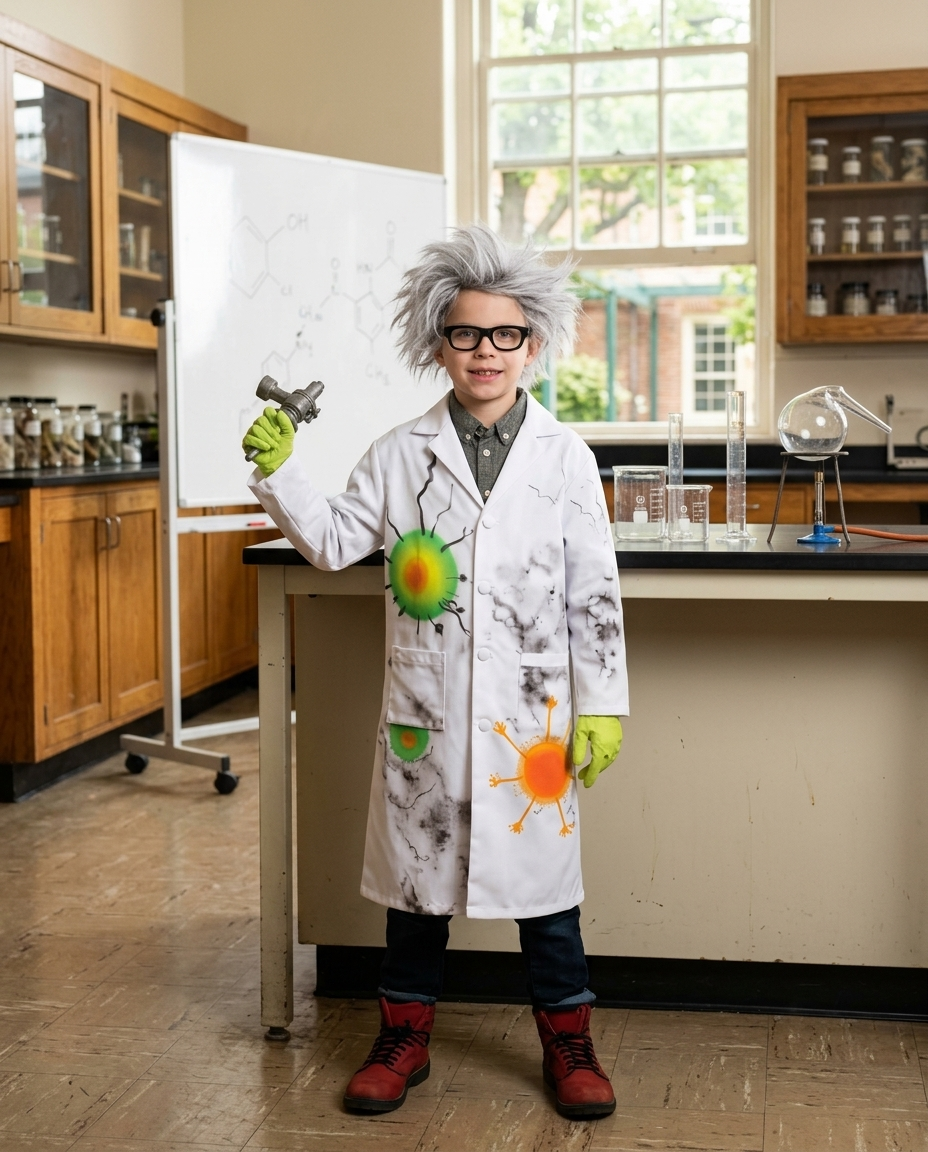Child wearing a white scientist lab coat costume in a science classroom