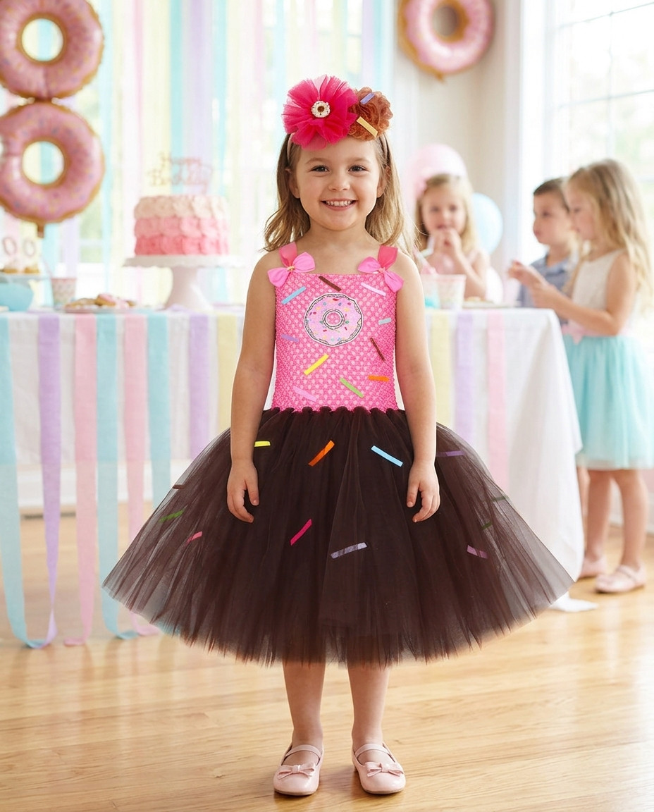 Girl wearing a candy donut tulle tutu dress with matching hairband at a party