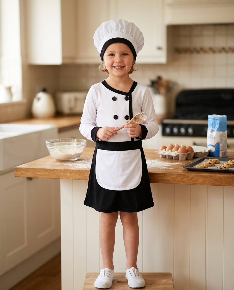 Child wearing a black and white chef costume with matching hat in a kitchen