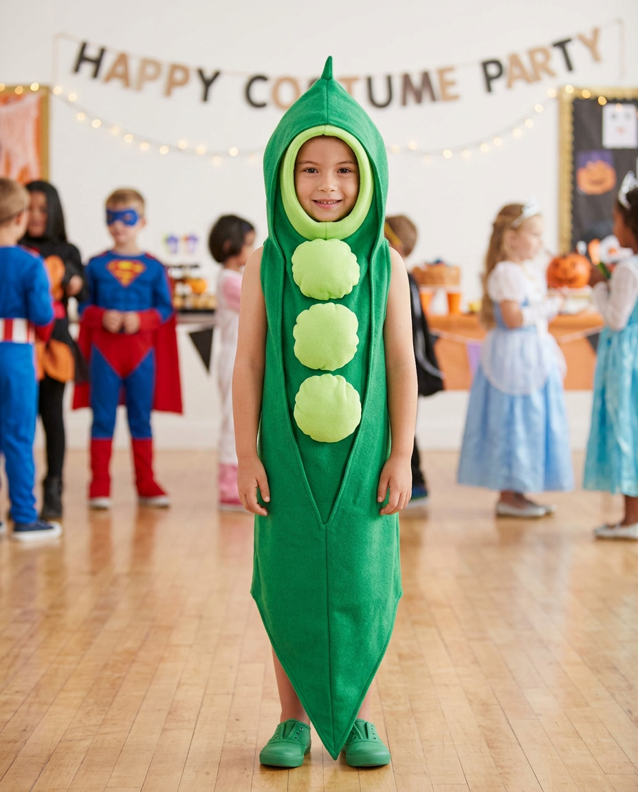 Child wearing a green pea pod costume at a school costume party