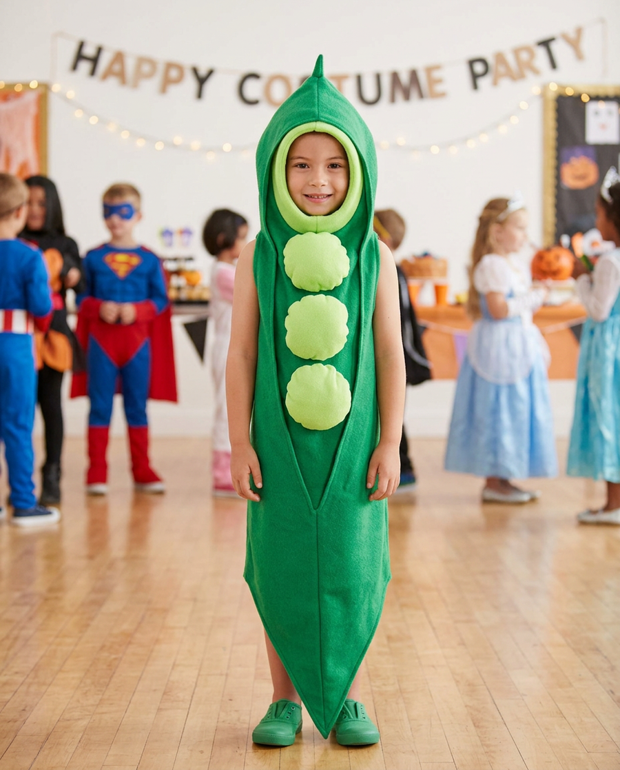 Child wearing a green pea pod costume at a school costume party