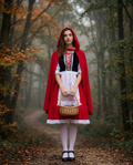 Woman wearing a red riding hood costume on a misty forest path