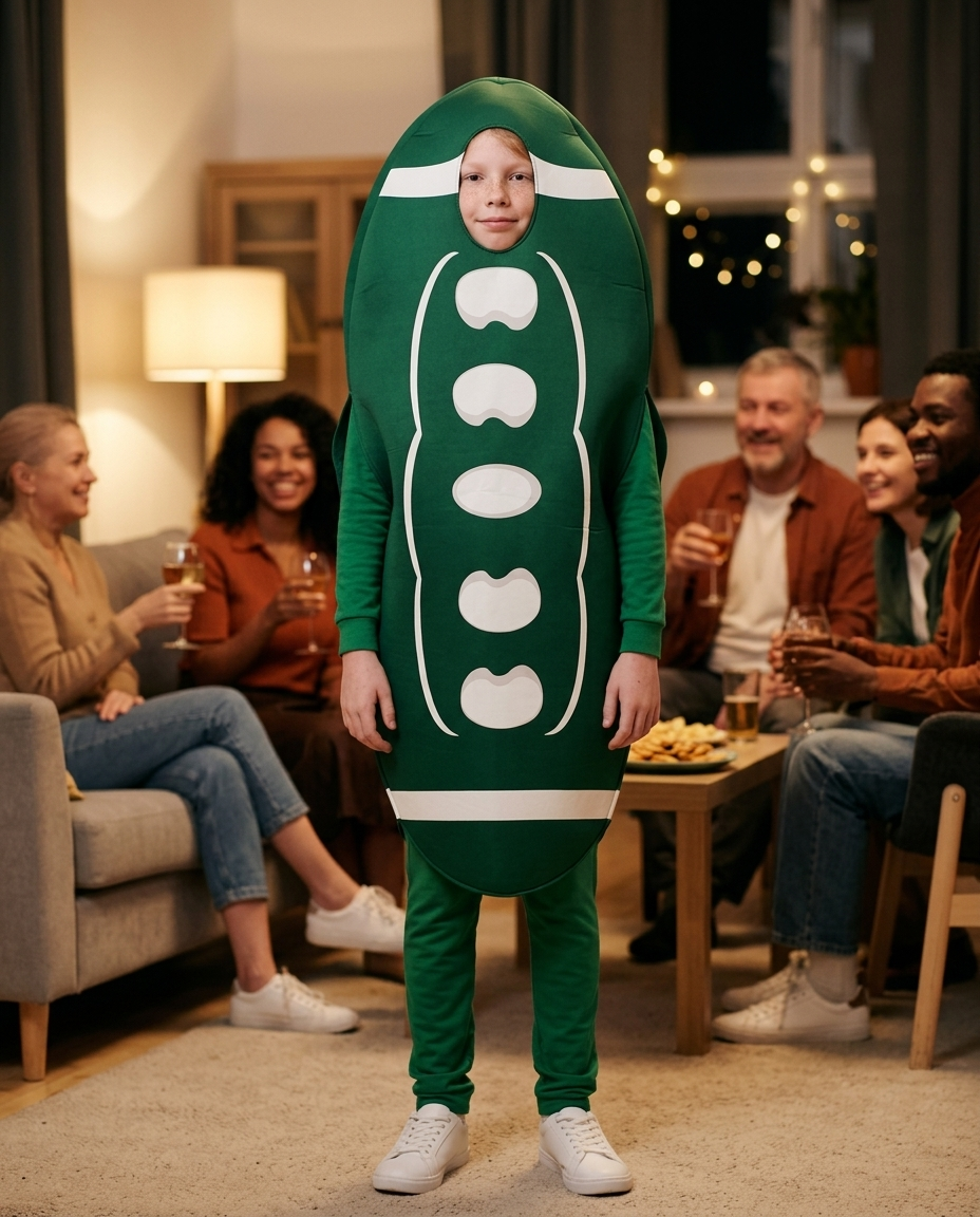 Person wearing a green football onesie novelty costume at a house party