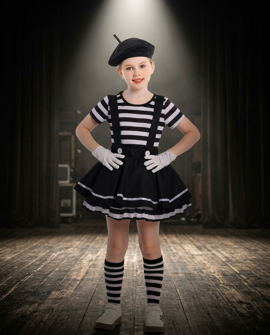 Child wearing a black and white striped pantomime clown costume on a stage