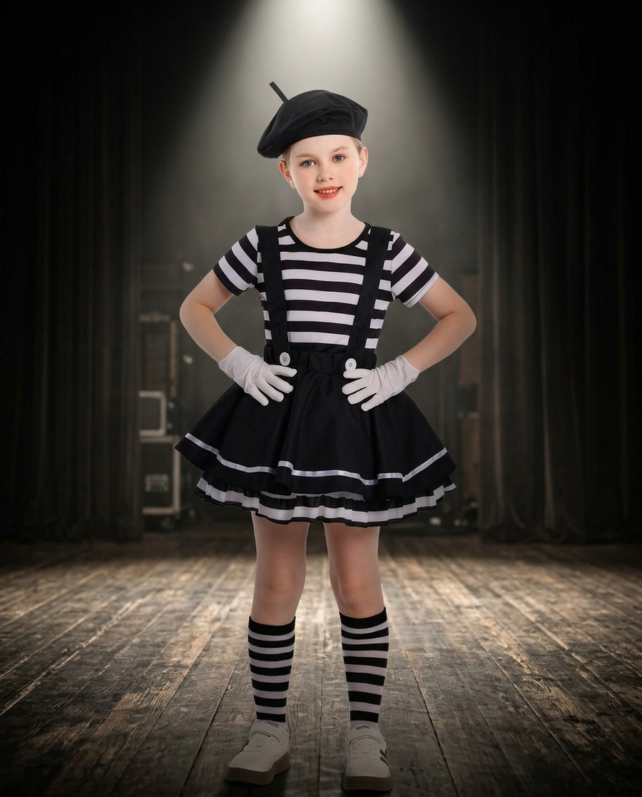 Child wearing a black and white striped pantomime clown costume on a stage