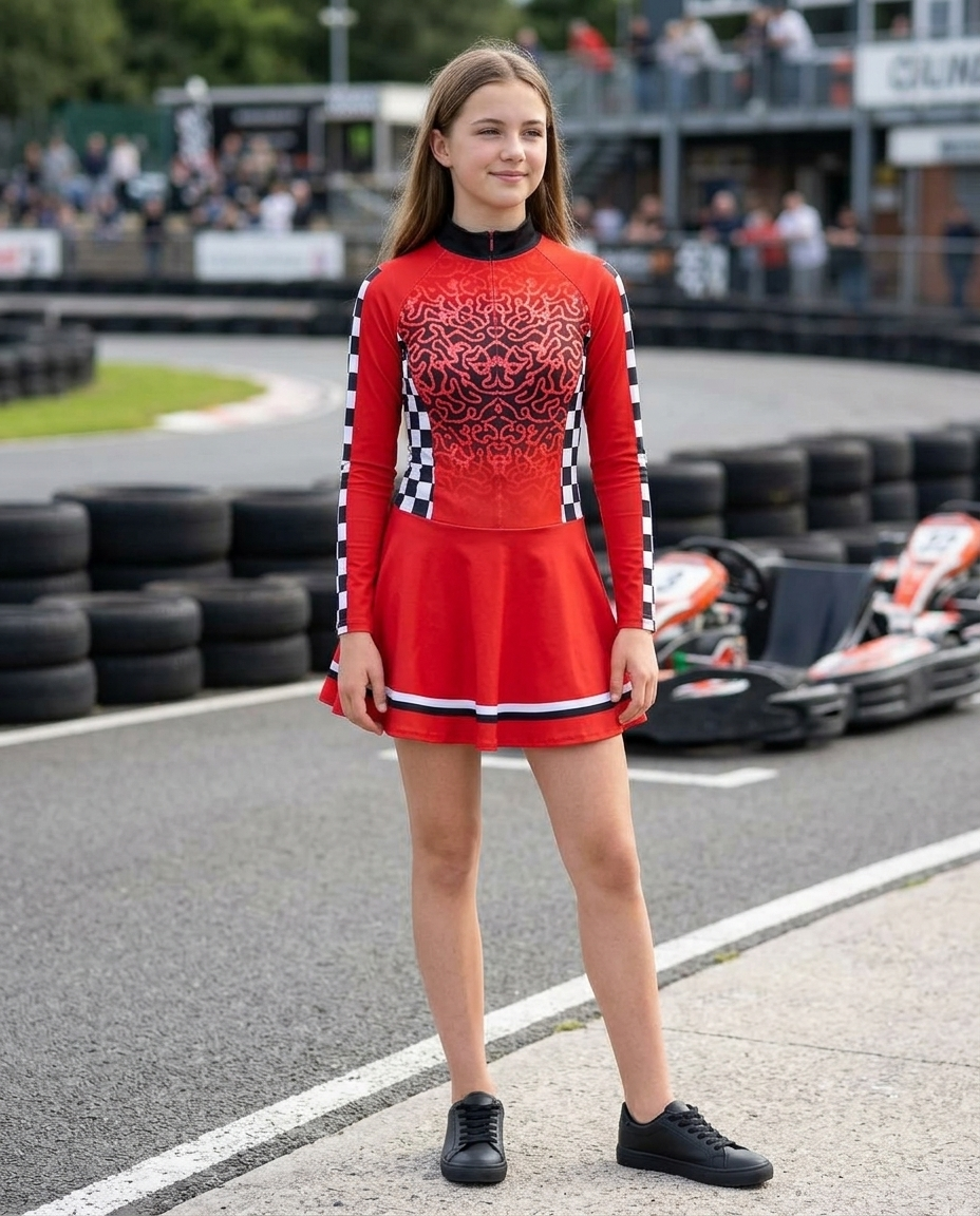 Girl wearing a red racing driver dress beside a go kart track