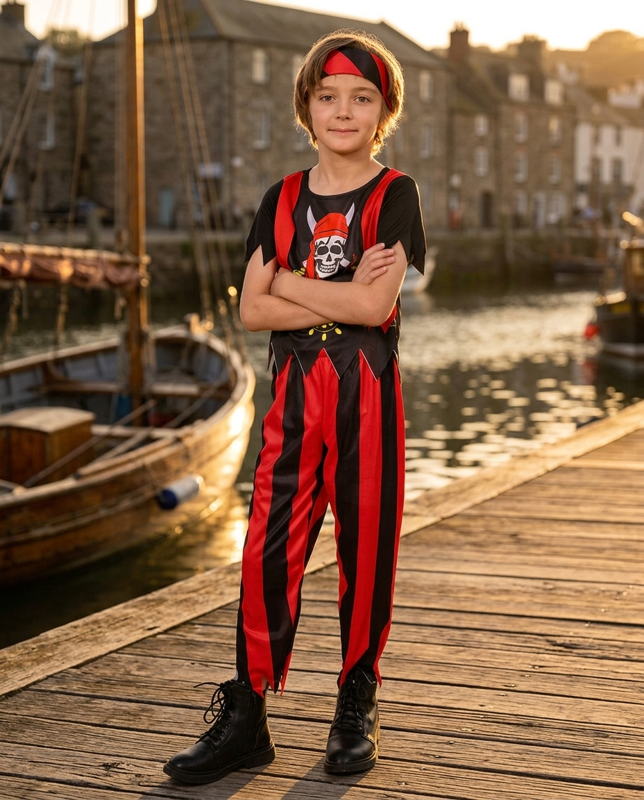 Child wearing a red and black striped pirate captain costume on a dock