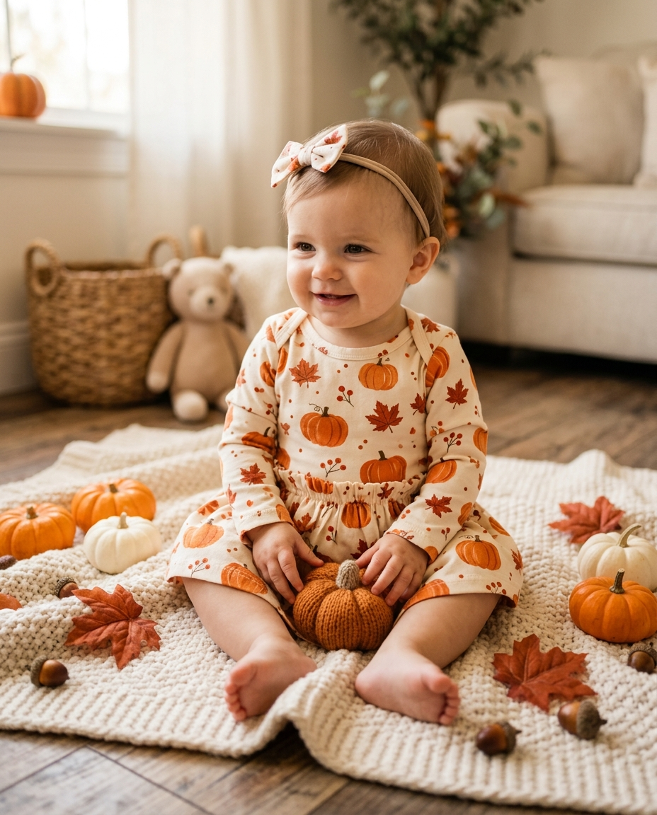 Baby wearing a maple leaf and pumpkin print three piece Halloween set