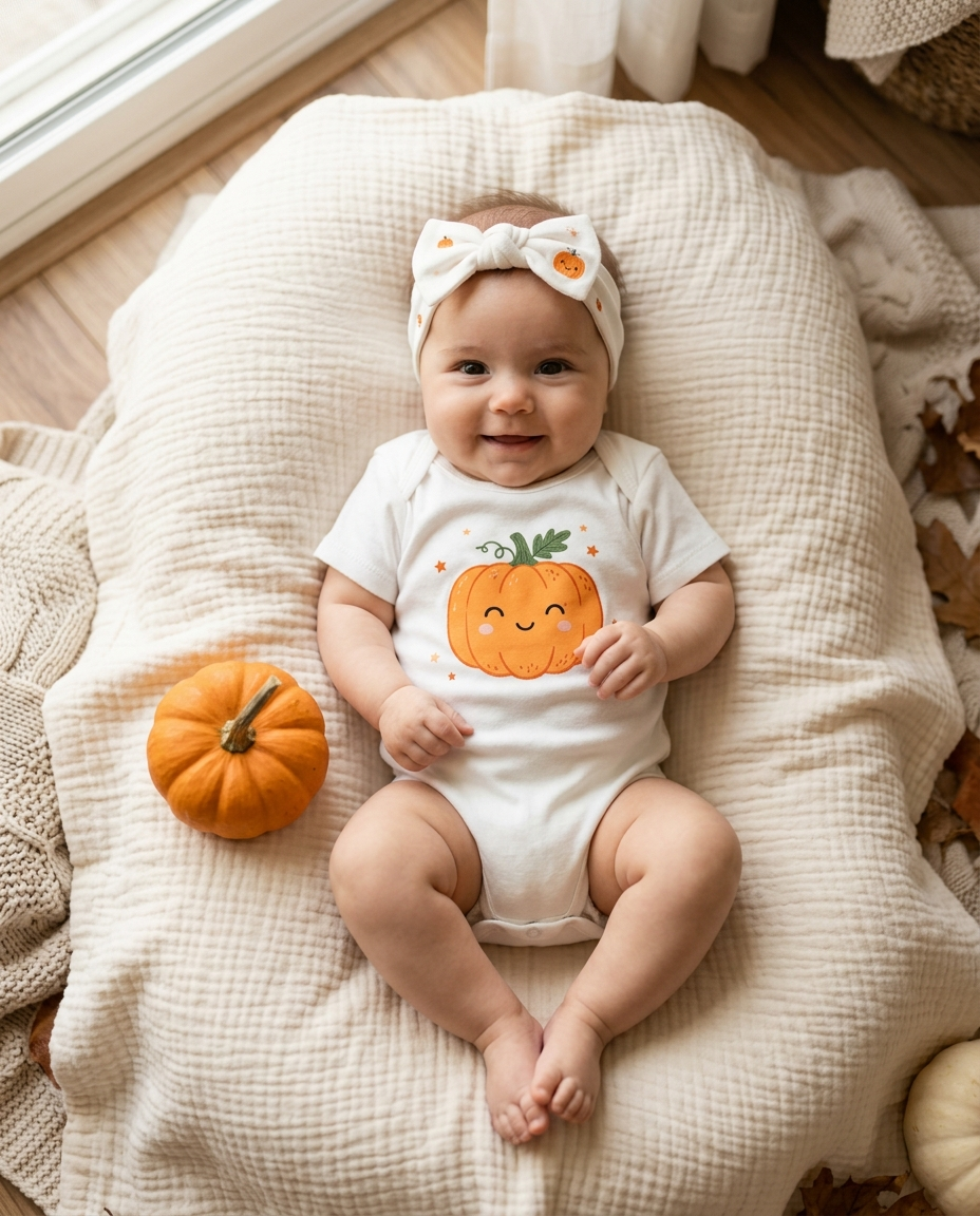 Baby wearing a white cotton Halloween romper with pumpkin print