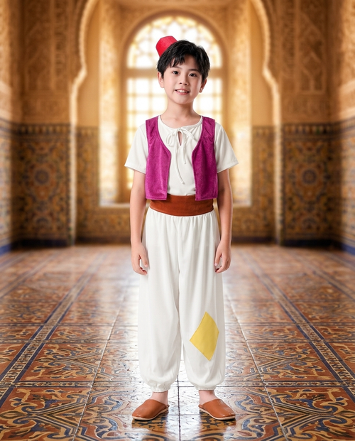 Boy wearing an Arabian prince costume in a warmly lit palace interior