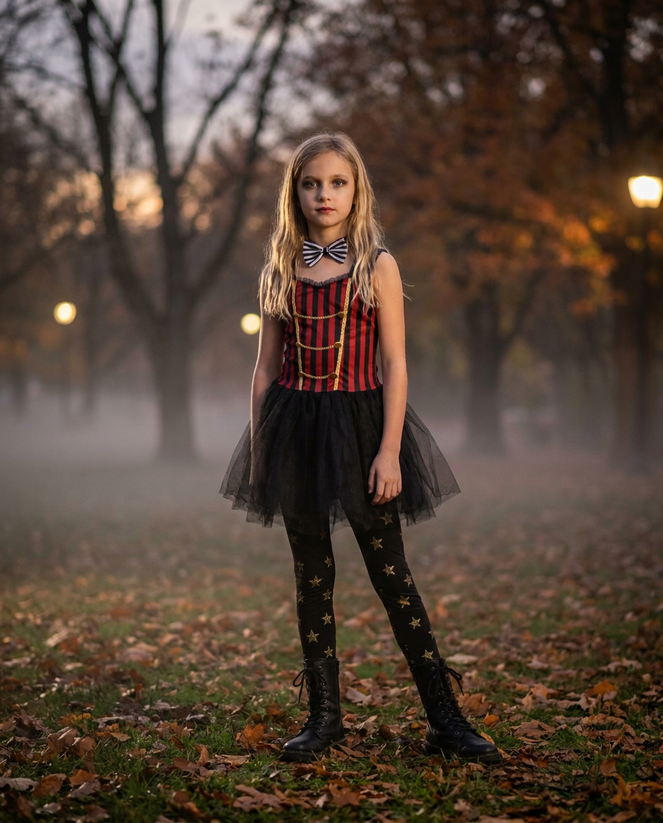 Girl wearing a black and red witch clown costume in a misty autumn park