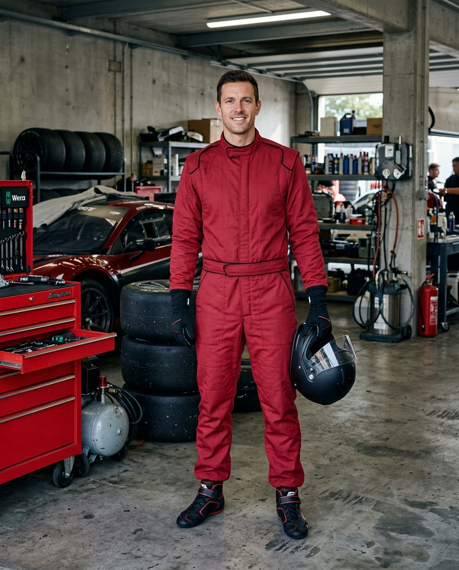 Adult wearing a plain red racing driver jumpsuit in a garage