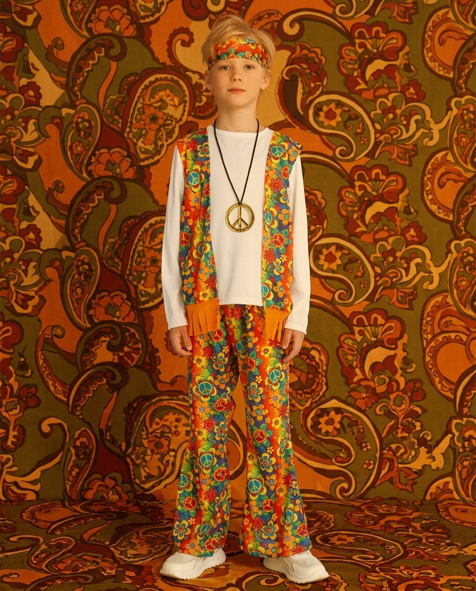 Child wearing a 1970s hippie costume set with flared trousers