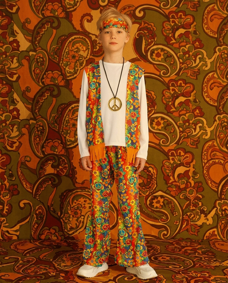 Child wearing a 1970s hippie costume set with flared trousers