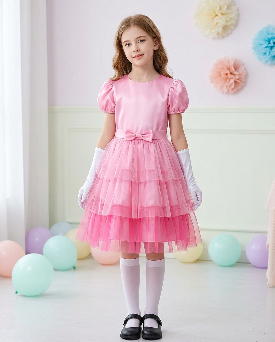 Girl wearing a pink princess party dress with mesh layers and waist bow
