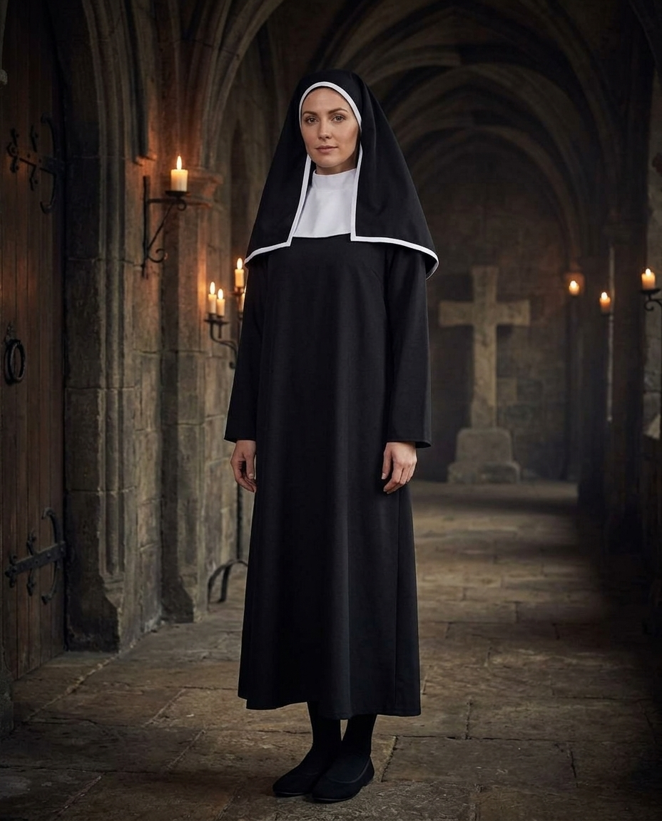 Woman wearing a full length black horror nun habit costume in a candlelit corridor