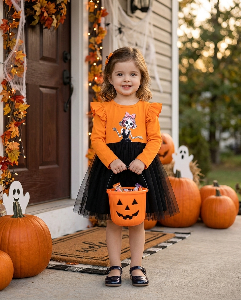 Young girl wearing an orange Halloween print party dress at a decorated front door
